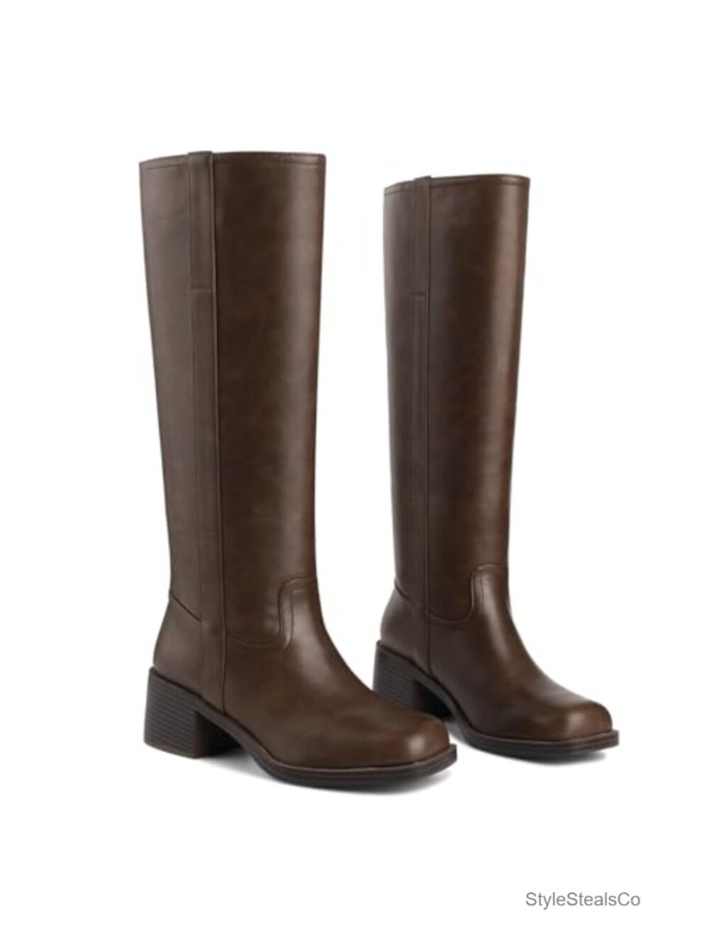 Chunky Heel Knee High Riding Boots Square Toe Faux Leather Tall Women